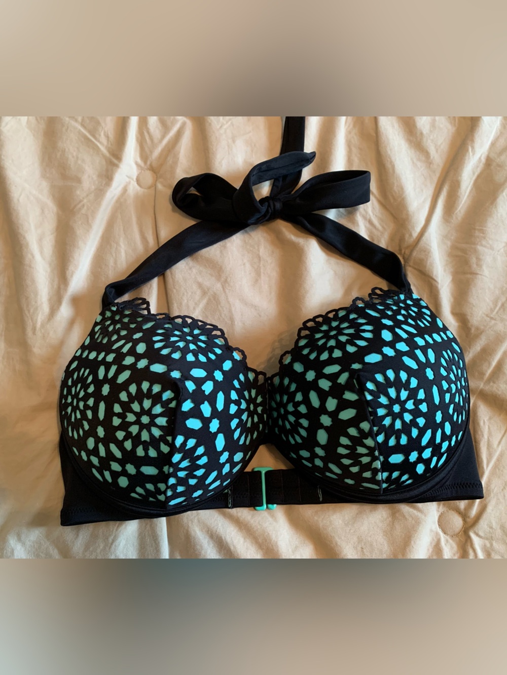 Black & Aqua Patterned Halter padded Swim Bikini Top 34D
